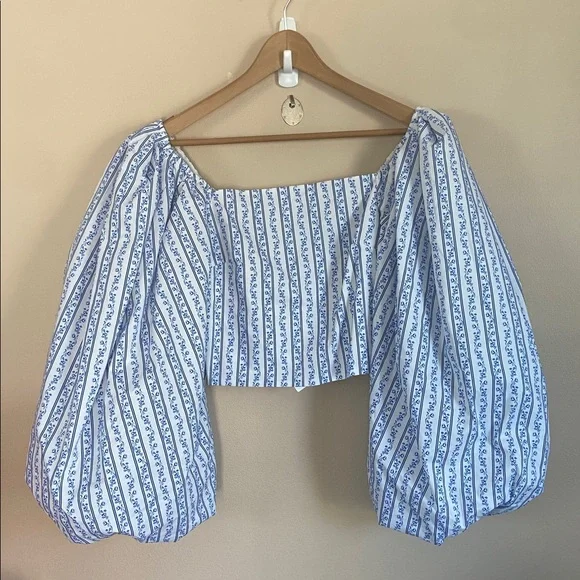 CAROLINE CONSTAS Carter Off The Shoulder Printed Cotton Blend Poplin Top Medium - Picture 5 of 11